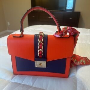 Aldo Orange and Navy Crossbody Bag with Gold Chain